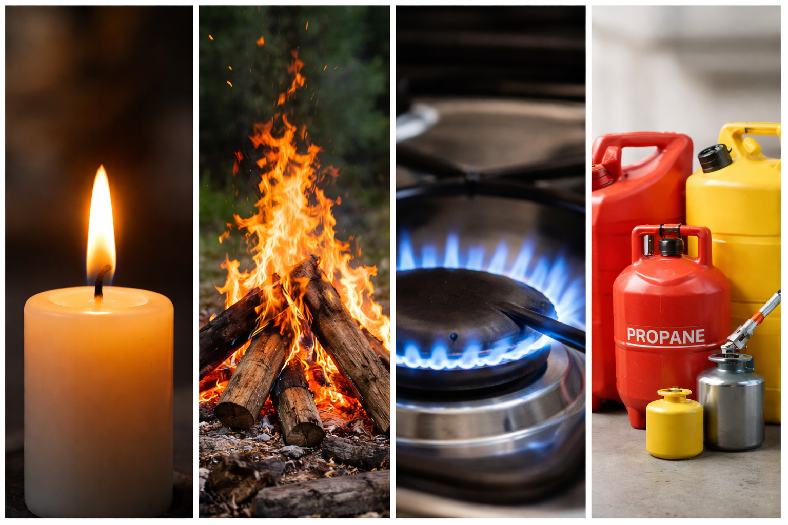 Burning candle, campfire, gas stove and fuel containers