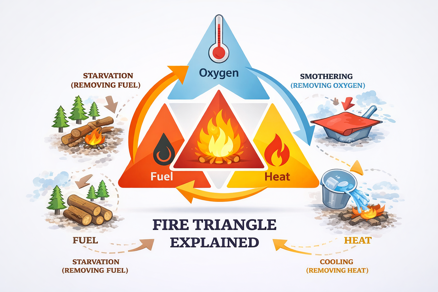 Burning candle, campfire, gas stove and fuel containers