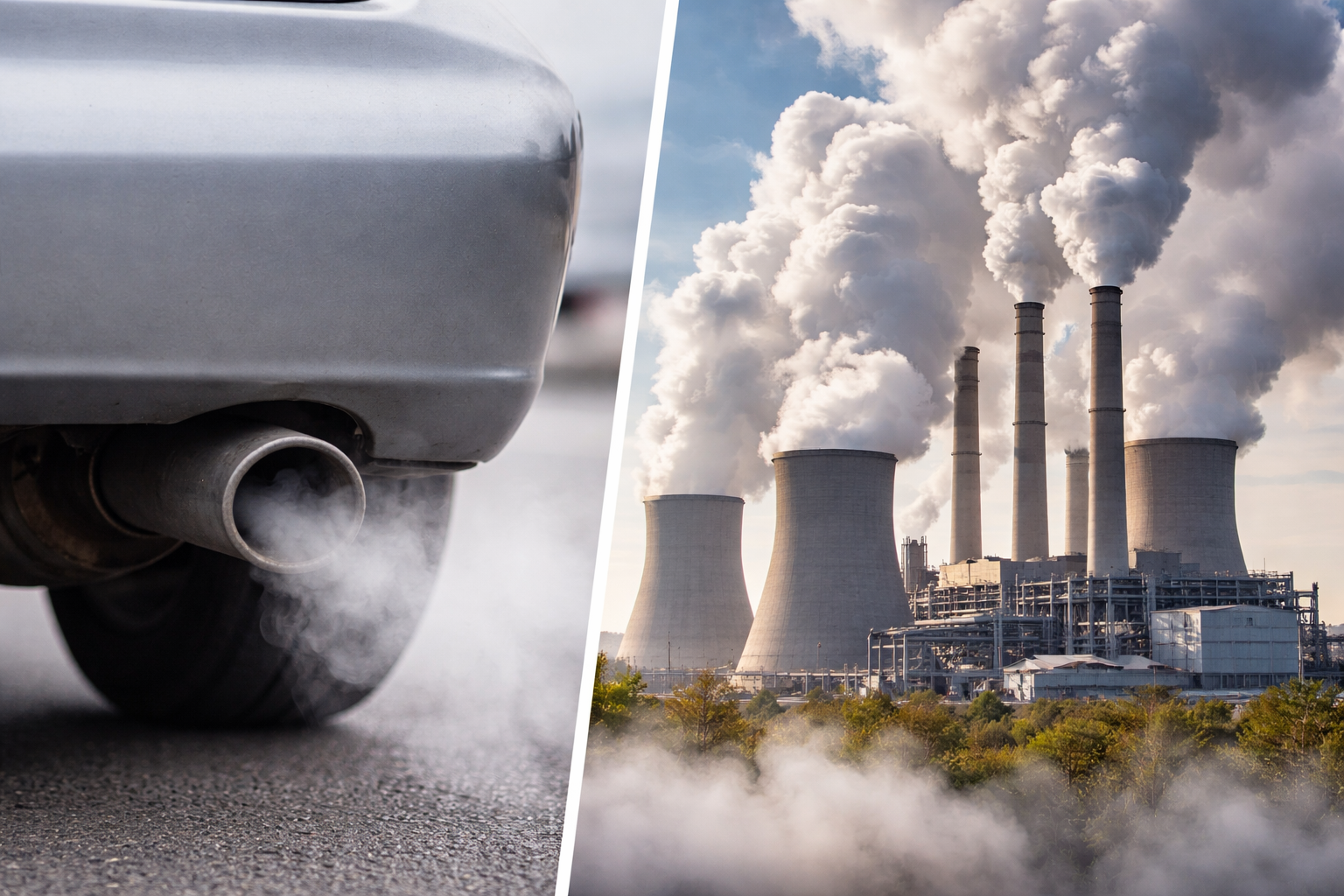 Car exhaust and power station releasing carbon dioxide