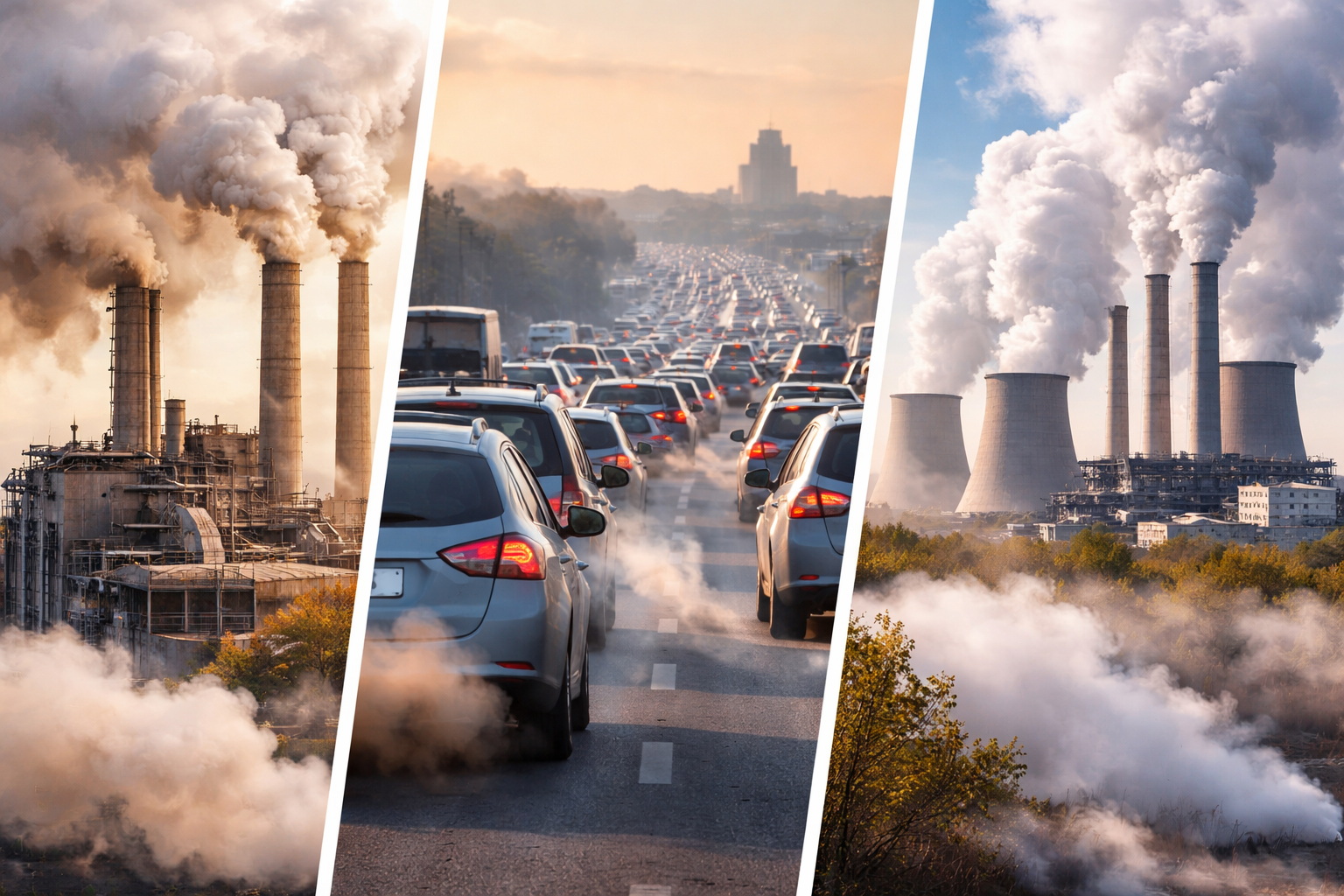 Car exhaust and power station releasing carbon dioxide