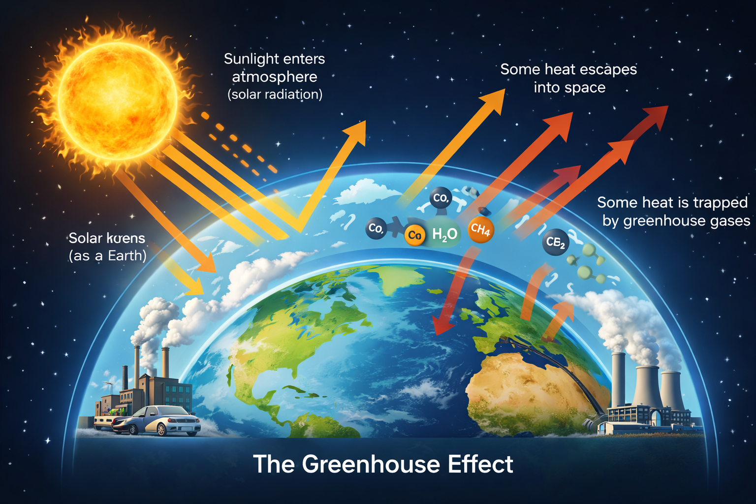 Car exhaust and power station releasing carbon dioxide