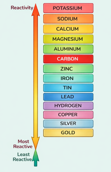 Vertical chart of reactivity series from potassium to gold with carbon highlighted