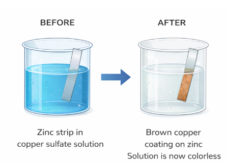 Before and after diagram showing zinc in copper sulfate solution