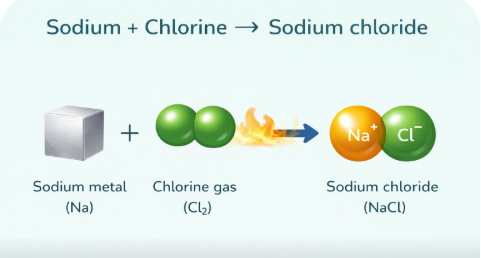 Sodium reacts with chlorine to form sodium chloride (NaCl)