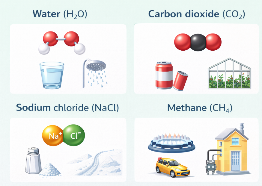 Infographic showing common compounds like H2O, CO2, NaCl, CH4 and their uses
