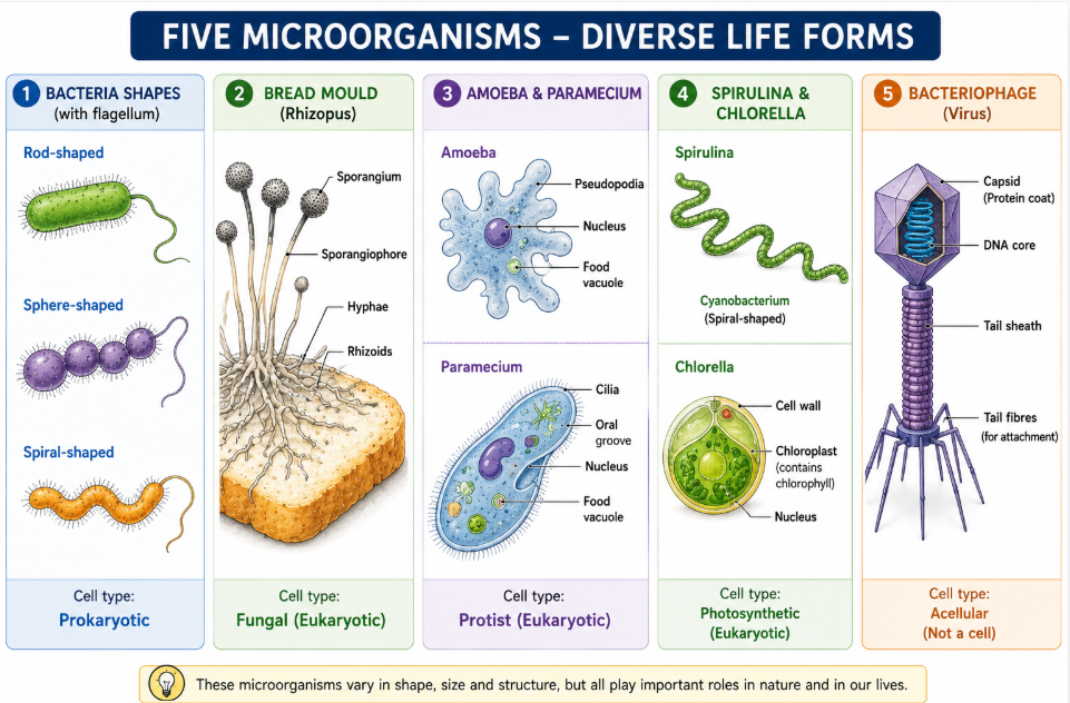 Five types of microorganisms illustration
