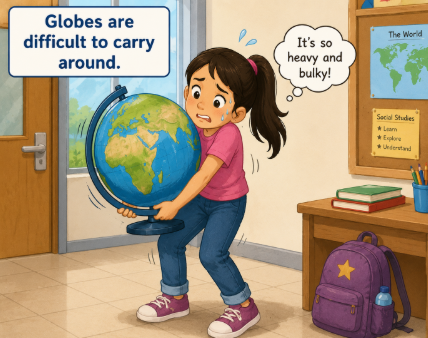 Girl struggling to carry a globe